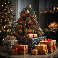 Fototapeta na wymiar Festive Evergreen: Christmas Tree with Lights and Christmas Decoration