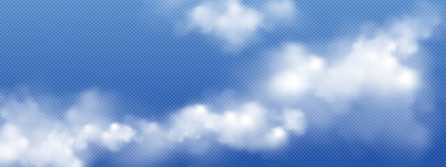 Obraz premium Realistic cloudy sky on a transparent background. Isolated clouds in the sky for template. Vector illustration. 