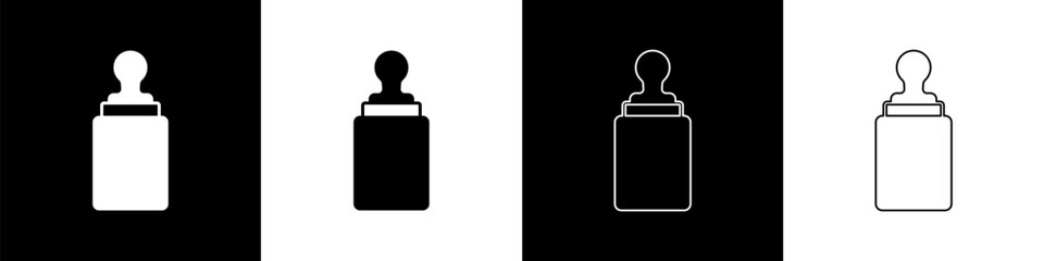 Set Baby bottle icon isolated on black and white background. Feeding bottle icon. Milk bottle sign. Vector