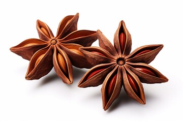 Close-up of two isolated star anise fruits on white background with shadow. Generative AI