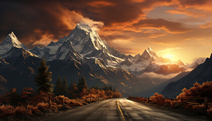 Majestic mountain peak in a tranquil autumn meadow, breathtaking sunset generated by AI