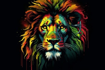 Head of lion with Rastafarian colors on black background. Generative AI