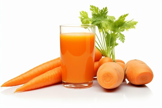 HD white background image of orange juice and carrot. Generative AI