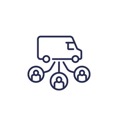 delivery van and customers icon, line vector
