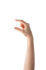 Young female hand to hold something isolated on white background