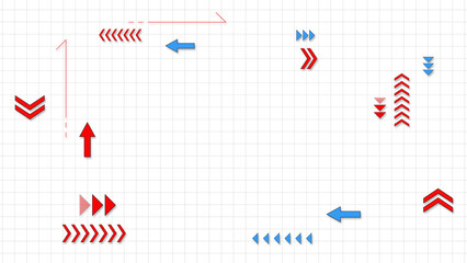 様々な形の矢印が流れる背景　
白い背景