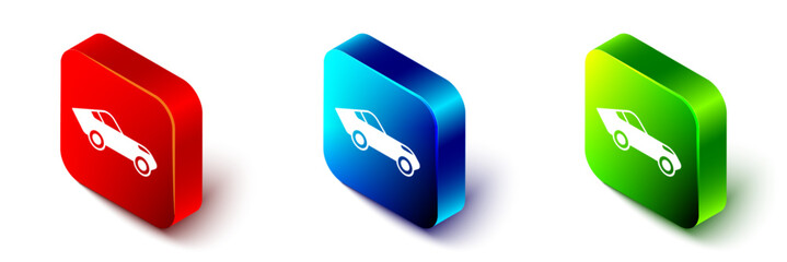 Isometric Car icon isolated on white background. Red, blue and green square button. Vector