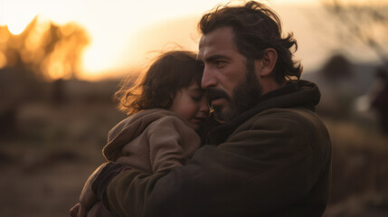 A small child in dirty clothes in the arms of his father outdoors. Concept of refugees running away from war