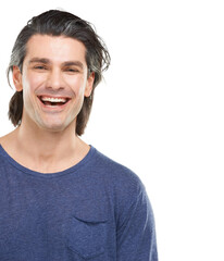 Studio, happy and portrait of mature man with confidence, pride and laughing on white background. Smile, handsome and face of isolated person in casual clothes for style, humor and positive attitude