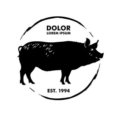 Black silhouette pig logo standing inside a circle. The pig has a rounded body shape, long ears and a small tail.