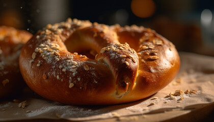 Freshly baked bagel, a gourmet snack for a sweet indulgence generated by AI