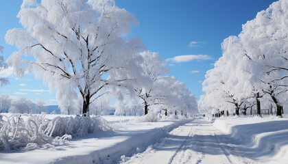 Snow covered forest, tranquil scene, sunlight on frozen branches, beauty in nature generated by AI