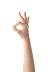 Woman hand holding some like a blank card isolated on a white background