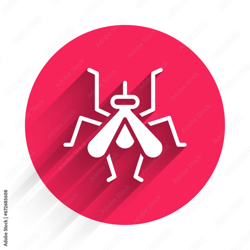 Poster white mosquito icon isolated with long shadow background. red circle button. vector