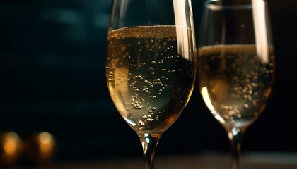 Champagne flute reflects golden bubbles in luxurious celebration drink generated by AI