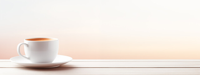 Obraz premium cup of coffee on wooden desk. copy space, Simple workspace or coffee break in morning