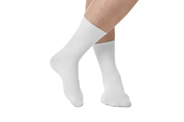 Man in stylish socks on white background, closeup