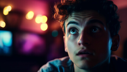 One young adult man staring at camera in dark nightclub generated by AI