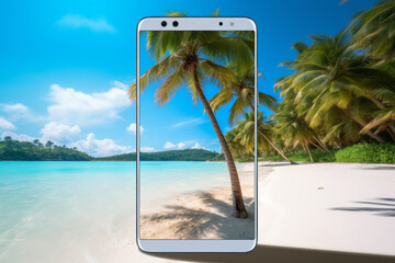 翻訳の結果
Use your smartphone camera to take pictures of the palm trees and white sand of a...