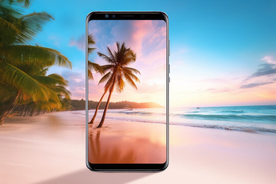 Take a photo of a tropical beach with a palm tree and white sand at sunset using your smartphone camera.