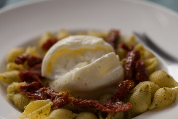 Closeup of pesto conchiglie with sundried tomatoes and burrata cheese served in white plate