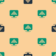 Green and black Gold bars icon isolated seamless pattern on beige background. Banking business concept. Vector