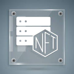 White NFT blockchain technology icon isolated on grey background. Non fungible token. Digital crypto art concept. Square glass panels. Vector