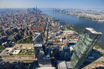 High angle, aerial view of lower Manhattan and the Hudson river taken from the Edge building, New...