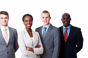 Harmony in Business: A Multicultural Team Stands United on a White Background, Smartly Dressed, Demonstrating the Beauty of Age Diversity in the Corporate World