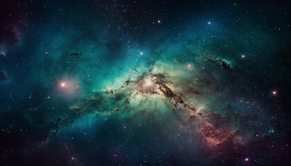 Fototapeta premium Exploring the deep galaxy, a glowing supernova illuminates star trails generated by AI