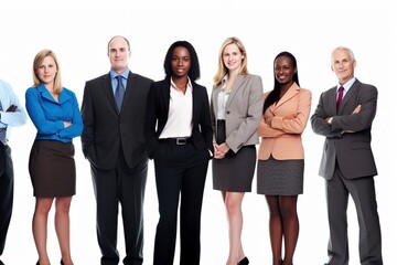 Harmony in Business: A Multicultural Team Stands United on a White Background, Smartly Dressed, Demonstrating the Beauty of Age Diversity in the Corporate World