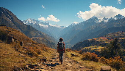 Naklejka premium Men and women hiking, exploring nature beauty, finding freedom in mountains generated by AI