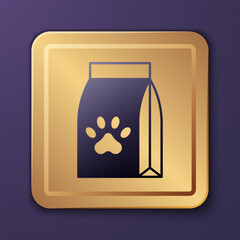 Purple Bag of food for pet icon isolated on purple background. Food for animals. Dog bone sign. Pet food package. Gold square button. Vector