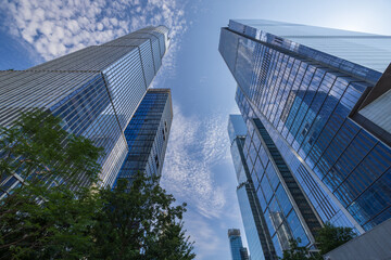 Skyward view of skyscrapers in the Hudson Yards, Manhattan, New York City, USA