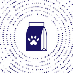Blue Bag of food for pet icon isolated on white background. Food for animals. Dog bone sign. Pet food package. Abstract circle random dots. Vector