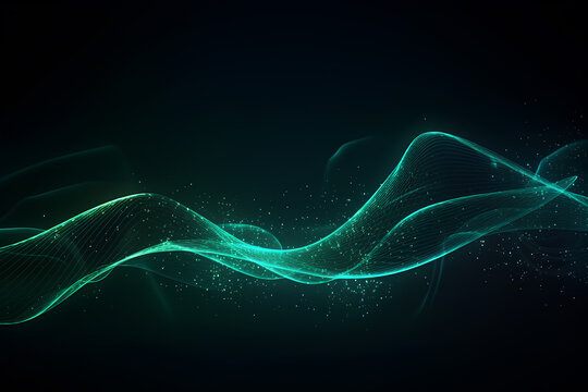 Abstract futuristic background with green and yellow neon lines. The musical wave. AI generated illustration. © Mariia Mazaeva
