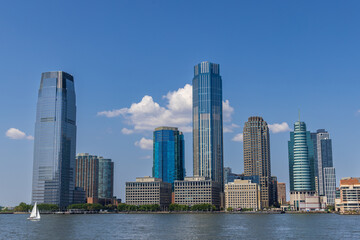 Jersey City, Paulus Hook skyline as seen from the Hudson river, New Jersey, USA
