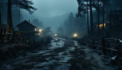Spooky winter night, foggy forest, mysterious mountain, snowy landscape generated by AI