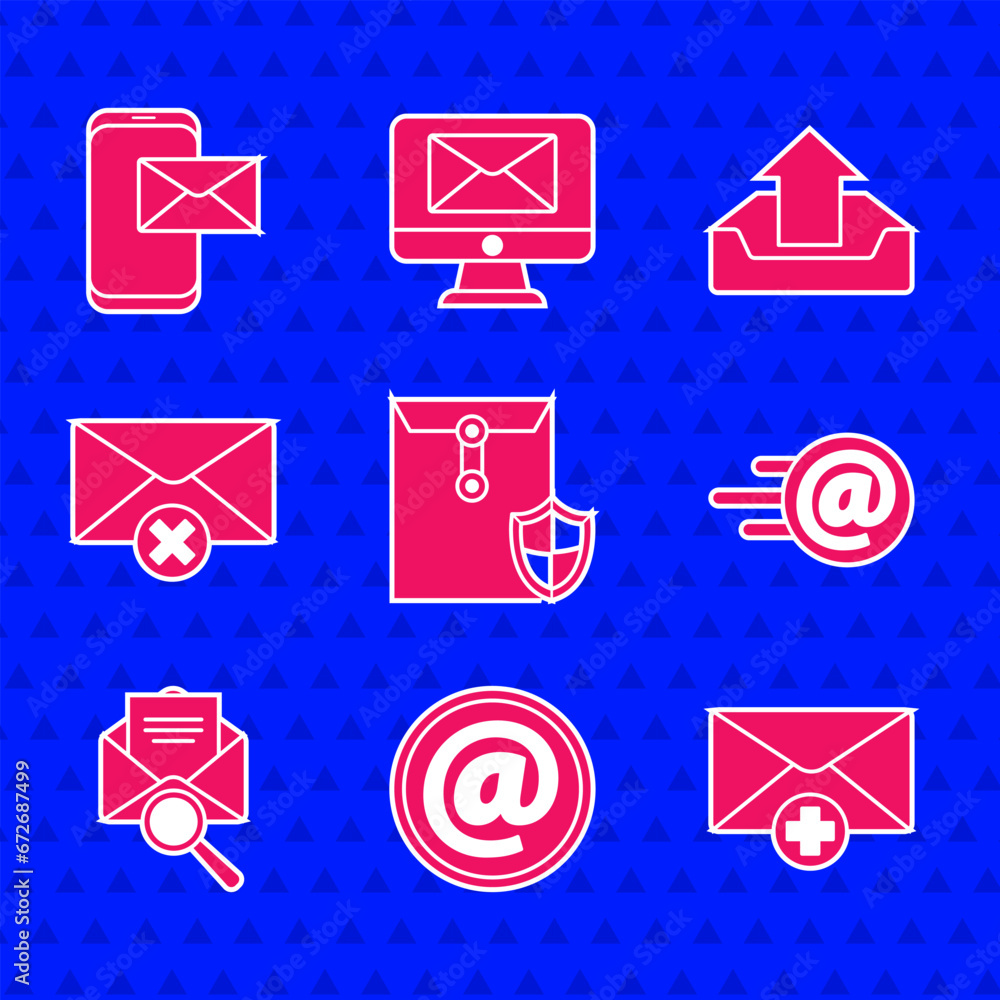 Poster set envelope with shield, mail and e-mail, received message concept, magnifying glass, delete envelo