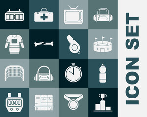 Set Hockey over sports winner podium, Fitness shaker, stadium, Retro tv, Human broken bone, jersey, mechanical scoreboard and Whistle icon. Vector