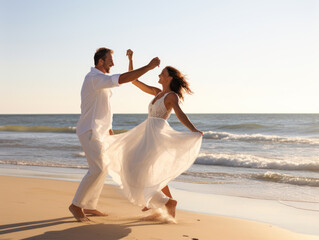 A romantic couple is dancing on the beach while enjoying the sunset in the afternoon