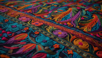 Indigenous cultures inspire ornate woven tapestries with vibrant colors generated by AI