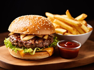 Fresh delicious burgers and fries accompanied by delicious sauce on a brown wooden plate