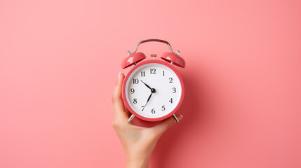 A woman's hand is holding a red alarm clock showing 11.30 on a pink background