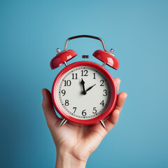 A woman's hand is holding a red alarm clock on a blue background