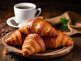 Croissant with coffee, Croissants on a plate and a cup of espresso coffee on a brown wooden table