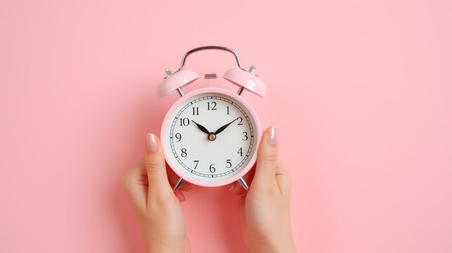 A pink clock with 10 o'clock is held by two women's hands on a pink background