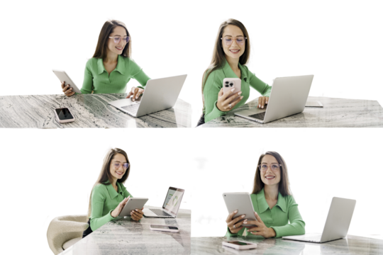 Secretary report online work on the internet. In the company office assistant smart woman uses laptop computer work workplace. Transparent isolated background.