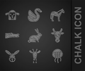 Set Rabbit, Giraffe head, Jellyfish, Cow, Crocodile, Horse and Sheep icon. Vector
