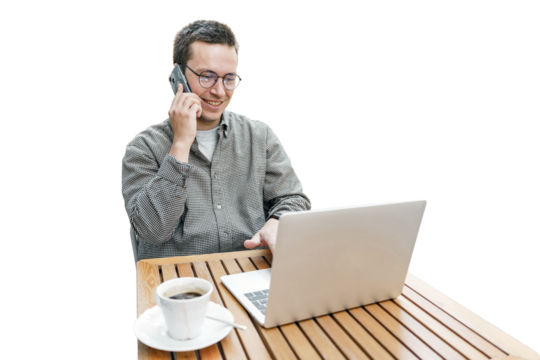 Uses a laptop and a smartphone, a man calls the bank on the phone uses cellular communication with a loan manager. Transparent isolated background.